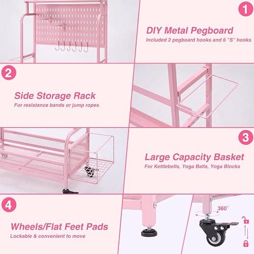 56'' Taller Home Gym Storage Organizer, Yoga Mat Storage Rack with Hanging Board, Exercise Workout Equipment Storage Stand for Home Gym, Dumbbell Holder Kettlebell Rack with Wheels and Hooks thumbnail 5