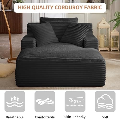 Keainvren Oversized Chaise Lounge Chair Indoor Corduroy Sofa Bed with Throw Pillows Recliner Chair Comfy Large Deep Seat Sofa Couch for Living Room, Bedroom, Apartment (Black) thumbnail 4