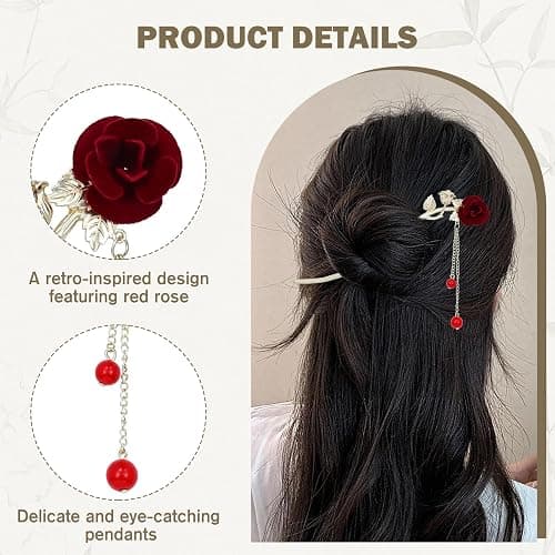 inSowni 8 Pieces Retro Vintage Asian Chinese Traditional Hanfu Gold Metal Rose Flower Butterfly Hair Pins with Bead Pendants Long Hair Sticks Forks Bun Updo Holders Hairpins for Women Girls thumbnail 3