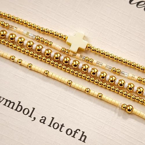 EQUBIO 14K Gold Plated Beaded Cross Bracelet Set for Women, 5Pcs Dainty Stackable Layered Bracelets, Hypoallergenic Non Tarnish Adjustable Chain, Y2K Jewelry Christian Easter Gifts for Friendship thumbnail 5