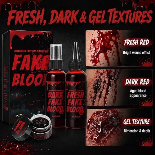 Halloween Fake Blood Kit, 3PCS Realistic Washable Blood Makeup with Spray, Dripping Blood & Coagulated Gel Blood for Zombie Vampire Monster Cosplay, Costume Party & SFX Makeup (3PCS) thumbnail 3