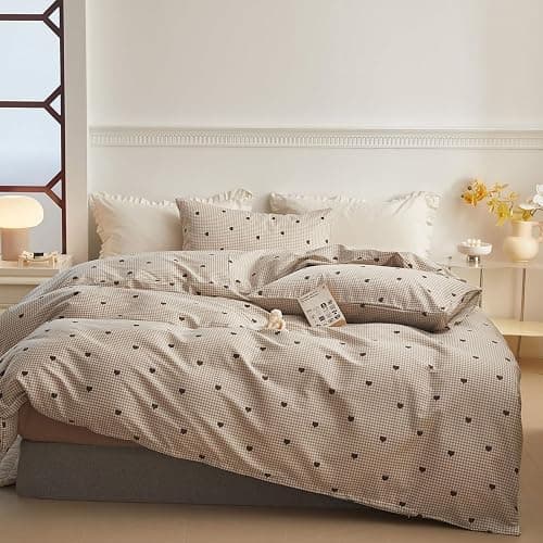 Freyamy Housse de Couette 200x200cm+2 Taie d'oreiller 65x65cm Coeur Plaid Kaki Marron Parure de lit 2 Personnes Adulte Motif du Cœur Sets de Housse Couette en Microfibre avec Fermeture Éclair thumbnail 7