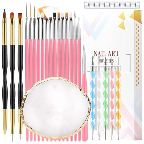 CHEMAILON 25 Piece Nail Art Tools, Nail Brush Set,Palette, Stand & 2-way Acrylic Silicone Engraving Pen Dotting Pen Tools,For Nail Art DIY Home - Image 1