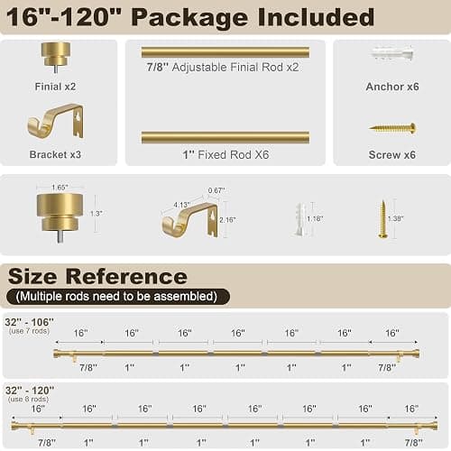 PORTRES Gold Heavy Duty Curtain Rods for Windows 66 to 120 Inches Adjustable Length 1" Diameter Brass Curtain Rod with Modern Decorative Finials for Outdoor Bedroom Kitchen Living Room thumbnail 8