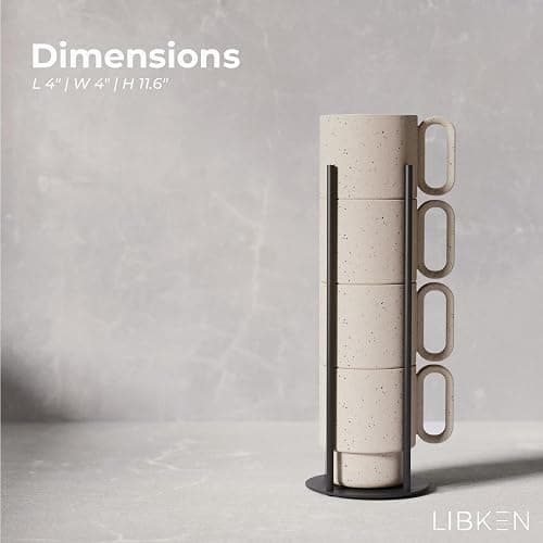 Stackable Coffee Mug Set with Black Stand - 4x8oz Ceramic Mugs with Unique Sprinkled Optics - Powder Coated Metal Rack - Dishwasher-Safe - Microwave & Oven - Scandinavian Minimal Design thumbnail 3