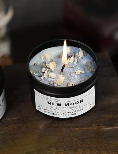 New Moon Gray Moonstone New Beginnings Ritual Energy Gift Grounding Manifestation Intention De-Stress Good Fortune Success Protection Meditation Magic Hande Made Candle(8oz). thumbnail 3