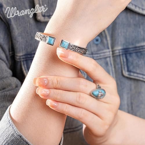Wrangler Turquoise Cuff Bracelet, Carved Floral Western Jewelry for Women | Turquoise Jewelry for Women, Antiqued Copper Open Bangle, Polished Vintage Floral Carving, Comfortable, Wrangler Gift Box thumbnail 2