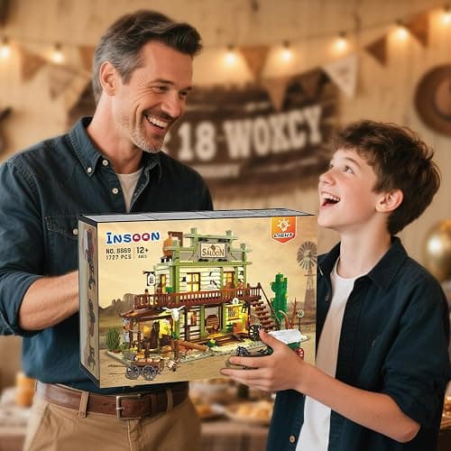 INSOON Western Saloon Building Set with LED Light, Wild West Building Block Toy 1727 PCS, Old West Construction Model with Horse Stable Cowboy Hat, House Building Kit Gift for Adults Teens 12+ thumbnail 7