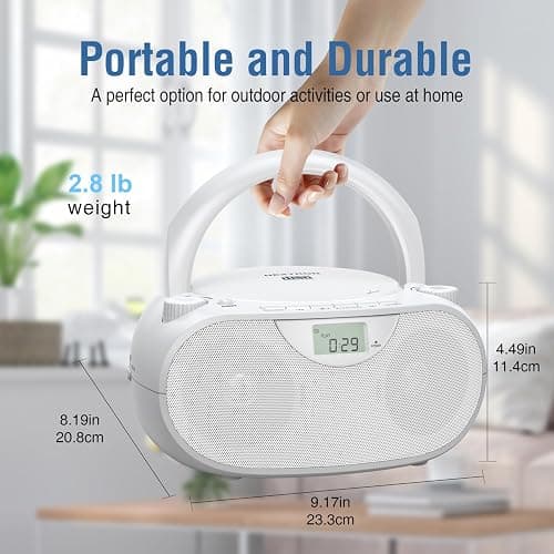 Nextron Portable CD Player Boombox with Bluetooth, AM/FM Radio & USB | CD-R/RW, MP3-CD & USB Playback, Stereo Sound, Bass Boost, AUX Input, Headphone Jack, LCD Display, AC/Battery Powered - White thumbnail 9