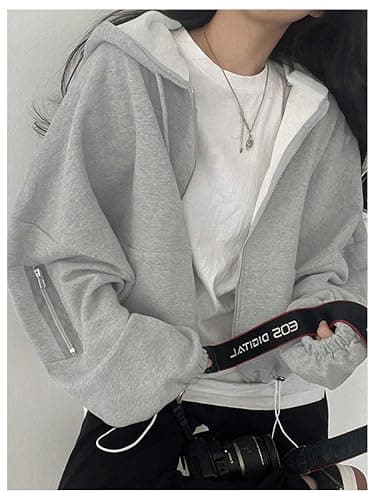 RoseSeek Women's Zip Up Drawstring Hoodie Long Sleeve Drop Shoulder Loose Sweatshirt Outerwear thumbnail 4