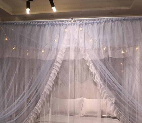 VETHIN 4 Corners Post Ruffle Princess Bed Canopy Curtain-Double Layer Cozy Drape Netting 4 Opening Mosquito Net for Girls Adults Bedroom Decoration (Gray/White,47" W*78" L*82" H/Twin) thumbnail 7