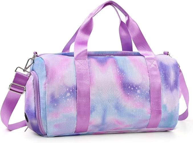 Teens Women Travel Bagwith Shoe Compartment & Wet Compartment Swimming Bag, Children's Girls Travel Bag for Gymnastics Swimming Cute Colourful Dance Bag Rainbow Pattern Sports Bag, Purple, - Image 1