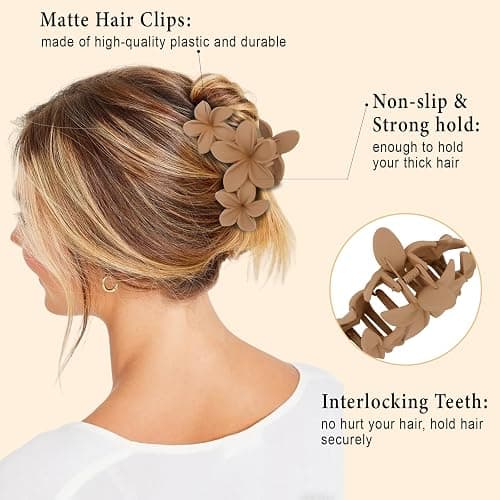 ANBALA 4PCS Hawaiian Plumeria Flower Hair Clips - Large Non-Slip Matte Claw Clips for Women, Strong Hold Beach Hair Accessories thumbnail 7