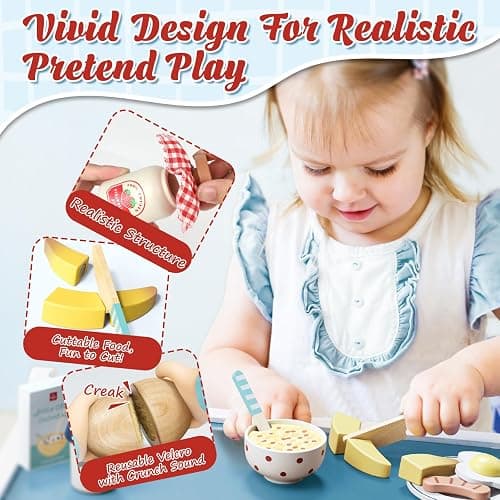 Lehoo Castle Wooden Play Food Set - Montessori Cutting Fruit Egg Bread, Pretend Breakfast Food Toys for Kids Kitchen, Educational Toddler Toys 3-5 Years, with Storage Bag, Birthday Gift for Boys Girls thumbnail 2