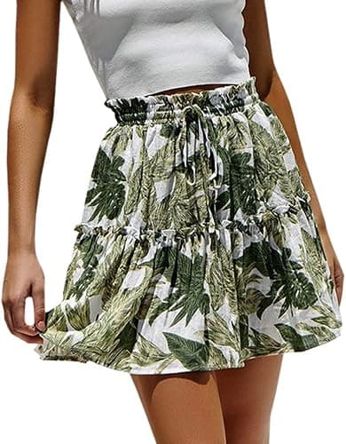 Hoerev Womens Girls Floral Flared Short Skirt Cute High Waist Ruffle Skirt Beach Mini Skirt - Large - Black_daisy thumbnail 4