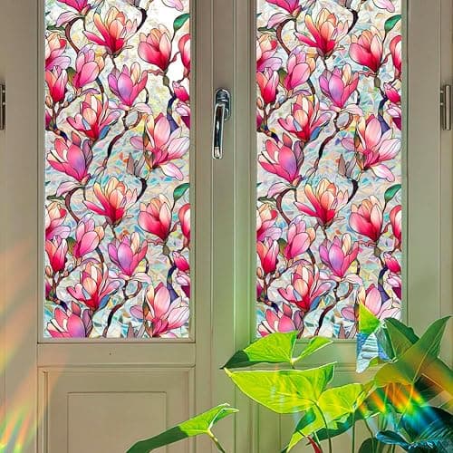 Fenster-Sichtschutzfolie, Motiv: Regenbogen-rosa Magnolien-Blüten, Sonnenschutz, dekorativ, PVC, Buntglas-Fensteraufkleber, nicht klebend, statisch haftender Aufkleber für Zuhause, Büro, 43,02 x thumbnail 7