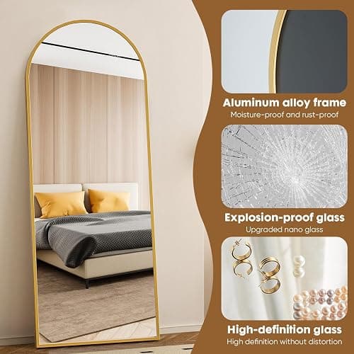 DUMOS Arched Full Length Mirror with Stand 71"x26" Floor Standing Aluminum Frame for Bedroom Body Hanging Leaning Modern Simple Home Decor Shatter-proorf Nano Glass Wall Living Room Cloakroom Gold thumbnail 3