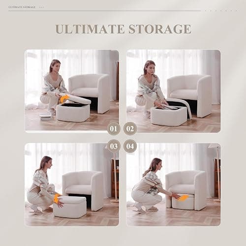 COLAMY Upholstered Sherpa Barrel Accent Chair with Storage Ottoman, Morden Living Room Side Chair, Single Sofa Armchair with Lounge Seat for Bedroom/Office/Reading Spaces, Cream thumbnail 6
