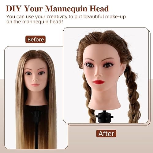 24" Hairdressing Head, Mannequin Head with Synthetic Fiber Hair Manikin Practcie Training head for Hair Styling Blonde Gradient Styling Head with Clamp Hair Braid Accessoires Set thumbnail 3