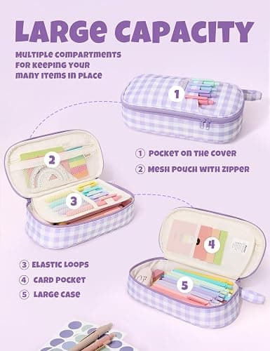 SUNEE Cute Pencil Case, Large Colored Pencil Pouch, Aesthetic Pen Bag with Zipper, Kawaii Stationery Storage and Organizer, School Supplies for Teen and Adult, Boys & Girls, Purple Checkered thumbnail 5