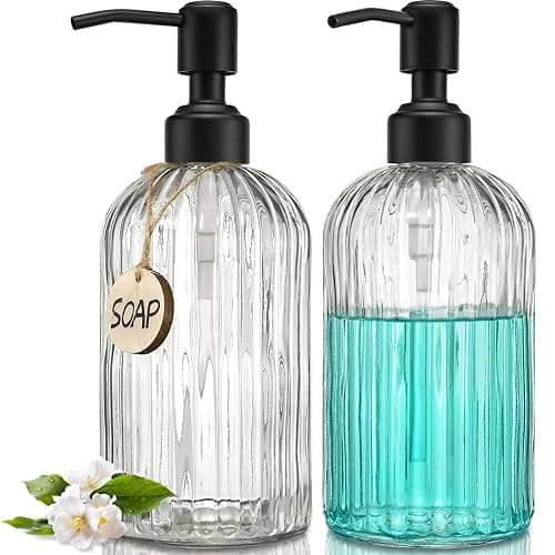 JASAI 2PACK 18Oz Simple Glass Soap Dispensers with Black Pump, Refillable Kitchen soap Dispenser with Vertical Stripe, Bathroom Soap Dispenser for Bathroom Hand soap, Dish Soap, Lotion. - Image 1