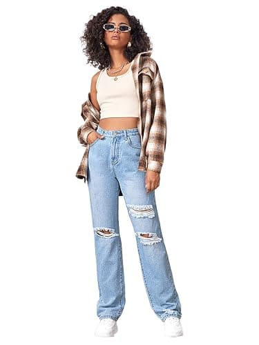 SweatyRocks Women's Ripped Straight Leg Jeans High Waist Distressed Cutout Denim Pants thumbnail 5