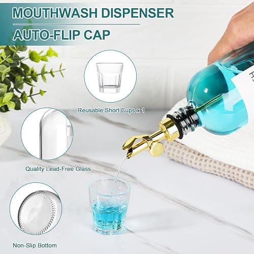TOLDATLI Mouthwash Dispenser for Bathroom, Glass Mouthwash Dispenser with Cup, Mouth Wash Container Bottle with Cup, Refillable Mouthwash Decanter, Clear, 1 Pack, 17oz, with Wooden Tray thumbnail 4