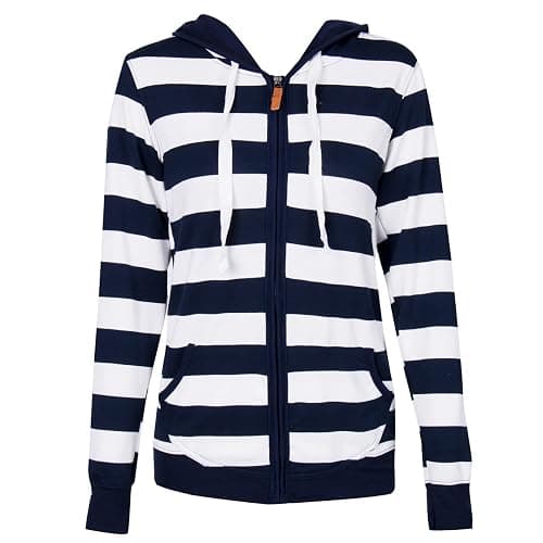 LOOLY Women Plain Zipper Spring Hoodie Striped Hooded Jacket thumbnail 2