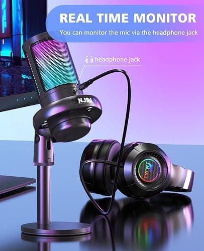 NJSJ USB Microphone for PC, Gaming Mic for PS4/ PS5/ Mac/Phone,Condenser Microphone with Touch Mute, RGB Lighting,Gain knob & Monitoring Jack for Streaming,Podcasting (with Desktop Stand, Black) thumbnail 5