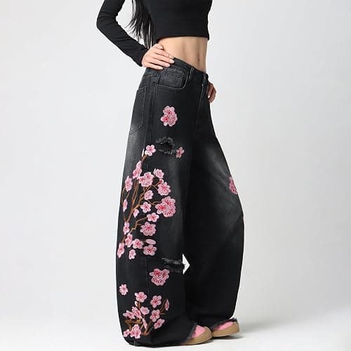 bestshark Baggy Women’s Wide Leg Jeans High Waisted Baggy Denim Pants Loose Fit Y2K Graphic Jeans Black thumbnail 4