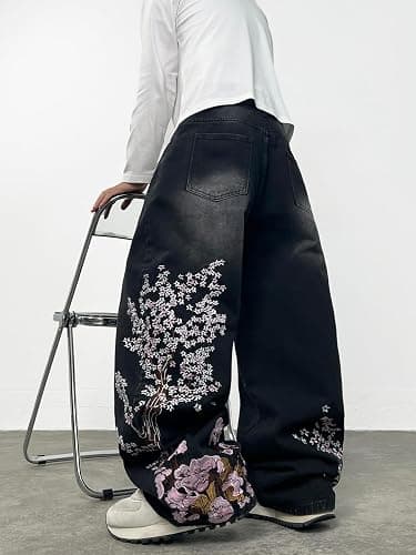 DFGIGT Floral Embroidery Baggy Jeans for Men Hip Hop Stylish Wide Leg Skater Jeans Loose Denim Pants Streetwear thumbnail 2