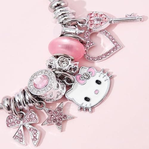 Hello Jewelry Bracelet Charms Braclet, Kawaii Pink Kitty Bangle Women Matching Accessories, for Teen Graduation Birthday Gifts Stuff thumbnail 4