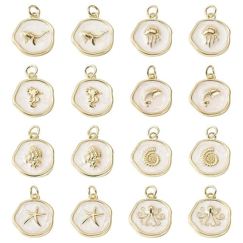 Cheriswelry 16Pcs 18K Gold Plated Sea Animal Charms Flat Round Enamel Alloy Pendants Ocean Summer Beach Craft Charms 17.5x15mm for DIY Bracelet Necklace Earring Jewelry Making thumbnail 7