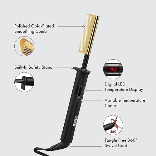 KISS Professional Pressing Comb with Polished Gold Smoothing Comb, Safety Stand, Digital LED Temperature Display, & Tangle Free 360° Swivel Cord thumbnail 3