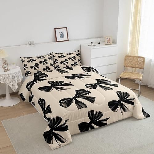 Erosebridal Bow Bedding Set Queen Black Bow Tie Bedding Comforter Sets for Kids Teen Adults Room Decor,Watercolor Bowknot Comforter Set Black White Simple Decor Bed Duvet Set thumbnail 3