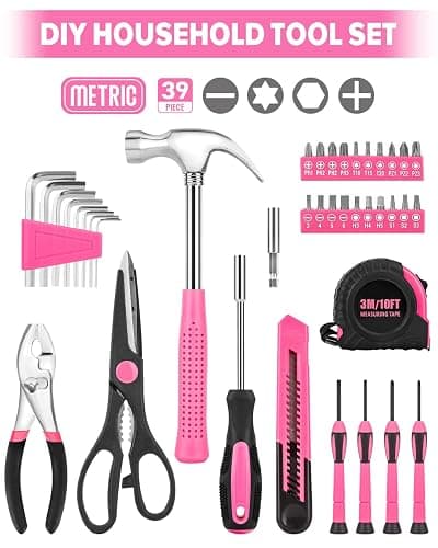 39pcs Pink Household Tool Set, Essential Hand Tool Kit with Plastic Toolbox for Home Repairs, DIY & Crafts, Perfect for Students & Everyday Use thumbnail 3
