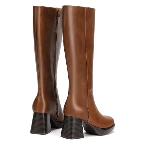 DOBOLIN Knee High Boots for Women, Wide Calf Platform Boots with Square Toe Chunky Block Heels, Tall PU Leather Fashion Booties thumbnail 3