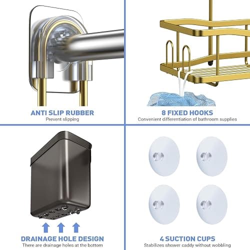 Aitatty Hanging Shower Caddy Bathroom Organizer: Rustproof Shower Shelf Racks Over Shower Head - No Drilling Inside Bath Shower Rack Shelves Over Showerhead for Shampoo with Soap Holder Gold - Gold thumbnail 6