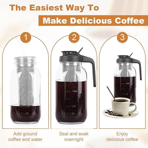 QHH Cold Brew Coffee Maker, 64 oz Mason Jar Pitcher with Stainless Steel Filter, Pour Spout Handle Lid, Airtight & Leak-Proof for Iced Coffee,Tea & Lemonade thumbnail 5