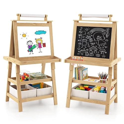 HONEY JOY Art Easel for Kids, 3-in-1 Double-Sided Wooden Toddler Easel w/Magnetic White Board & Chalkboard, Paper Roll, 2 Storage Bins, Painting Dry Erase, Kids Easel for Boys Girls Aged 3+ (Natural) - Image 1
