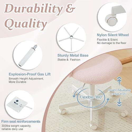 VINGLI Cute Candy Chair Armless Comfy Small Office Desk Vanity Chair with Wheels & Lumbar Support,Teddy Adjustable Rolling Swivel Computer Task Ch for Home Office,Bedroom,Gentle Pink thumbnail 5