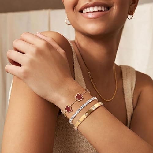 Womens Stackable Floral Gold Bracelets - 3Pcs 18K Gold Plated Bracelet,Stainless Steel Bangle Bracelets Non Tarnish, Gold Bracelet Set Trendy Jewelry,Christmas Valentines Birthday Gifts for Girlfriend thumbnail 3