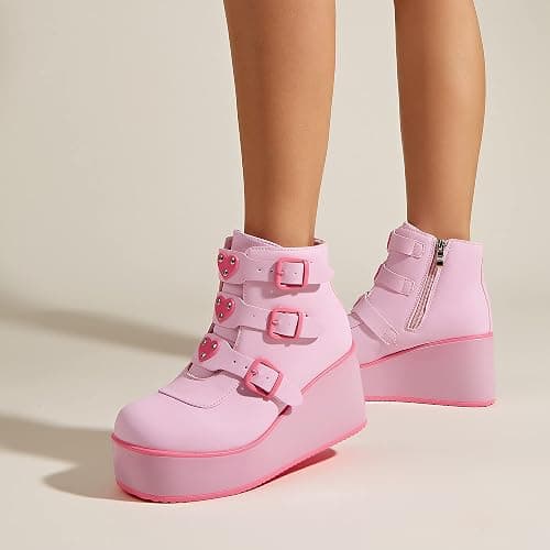 LUCKY STEP Women Platform Chunky Ankle Boots - Round Toe Zipper Wedges High Heels Rave Buckle Thick Sole Goth Booties thumbnail 2