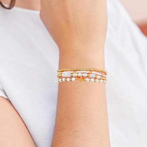 Pymach Dainty Gold Plated Pearl Crystal Beaded Bracelets Set for Women 14K Gold Plated Bead Pearl Beads Bracelet Stackable Paperclip Link Chain Bracelets Gold Plated Bracelets for Women Trendy Jewelry thumbnail 4