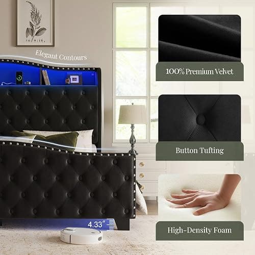 Belffin Queen Size Platform Bed Frame with 50.9" LED Headboard, Black | Velvet Upholstered Low-profile Bed, Handmade Tufting, Nailhead Wingback, Tall Footboard, Storage with Charger, Noise-Free thumbnail 6