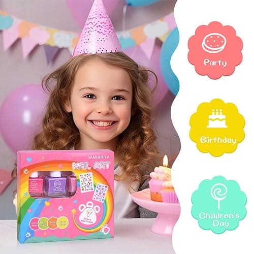 wakaniya Kids Non Toxic Nail Polish Set for Girls with Gems Nail Stickers, 7 Color Peel-Off Low Odor Nail Polish for Toddler thumbnail 7