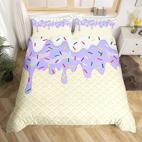 Women Ice Cream Duvet Cover Set Twin Size,2 Pcs Breathable Purple White Cream Cake Bedding Sets(1 Duvet Cover+1 Pillowcase),Colorful Candy Printed Comforter Cover Set for Girls Kids(No Comforter) - Image 1