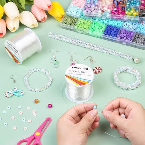 Bracelet String, Paxcoo 2 Rolls Elastic Stretchy Bead String Cord for Clay Beads Kandi Pony Beads Bracelets Jewelry Making (0.8 MM, Crystal) thumbnail 2