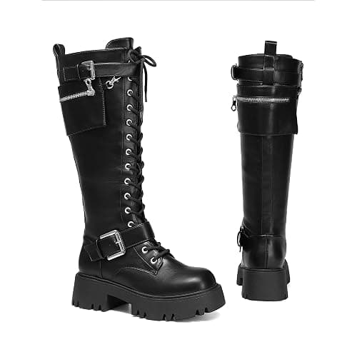 DREAM PAIRS Womens Knee High Combat Boots Platform Heels | Gothic Motorcycle, Metallic, Lace-up, Inside Zipper, Removable Pocket, Non-slip TPR Outsole, Versatile for Everyday Wear thumbnail 5