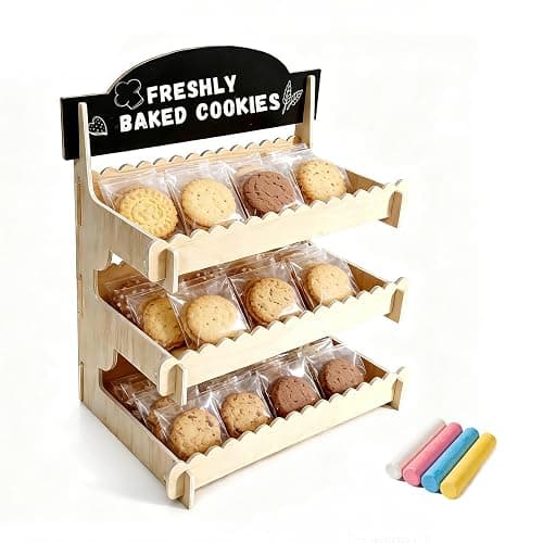 Cookie Display Stand for Vendors,Wooden Bakery Display Stand for Bakers,Tool-Free Stand with Chalkboard Sign for Market Booths &Craft Fairs.Tiered Dessert Stand for Cupcakes, Muffins & Pastries.Easy Assembly Fit for Small Shop & Events. - Image 1